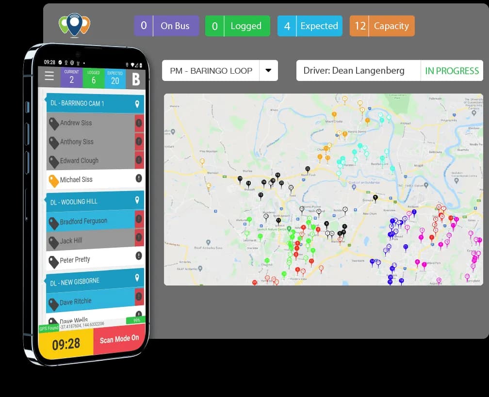 A RollCall route view showing school bus services alongside the systems it integrates with