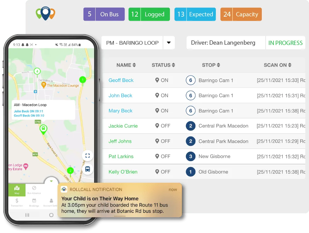 The RollCall display-routes screen showing a school's bus routes and stops on a map