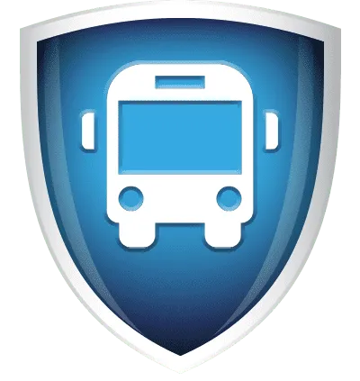 The RollCall Bus Guardian badge — a shield with a school bus