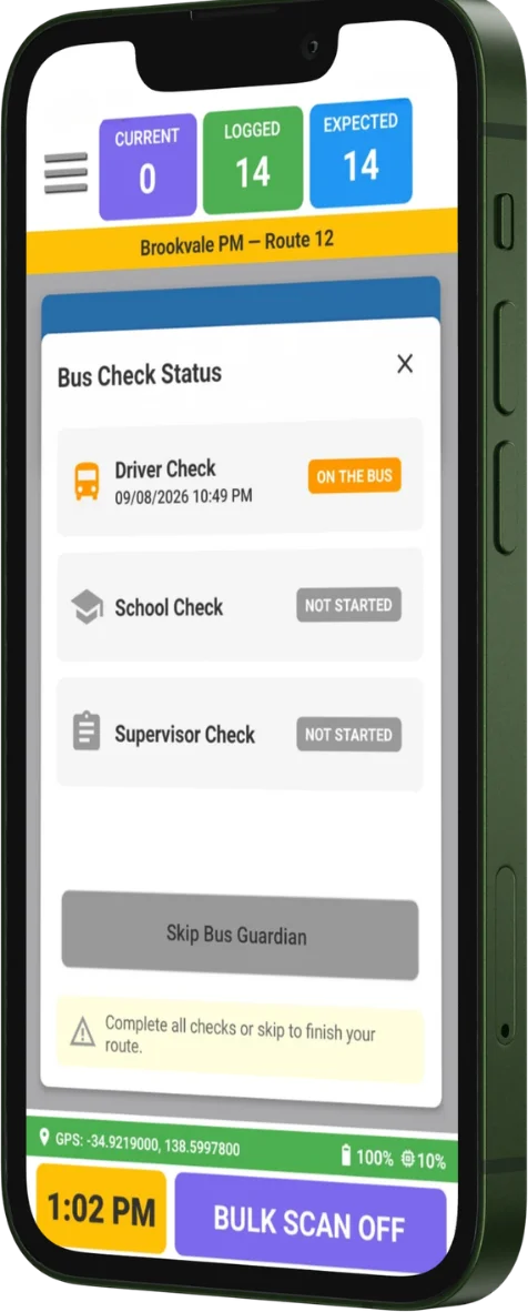 The RollCall driver app on a phone, showing the Bus Guardian check status with the driver, school and supervisor checks for a bus run