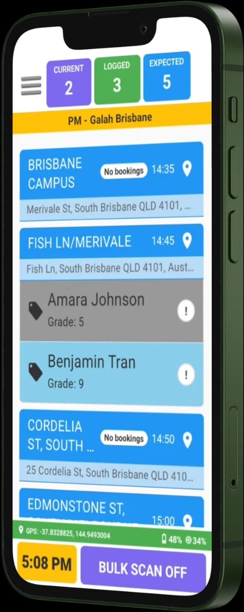 The RollCall driver app on a connected phone, showing a bus run with each stop and live student scan counts