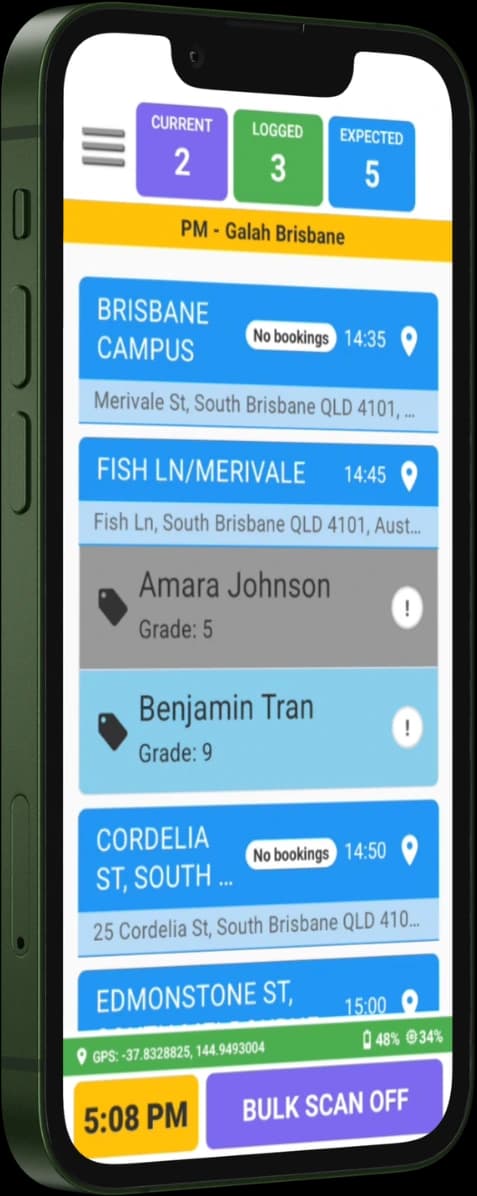 The RollCall driver app on a phone showing an afternoon bus run with each stop and live student scan counts