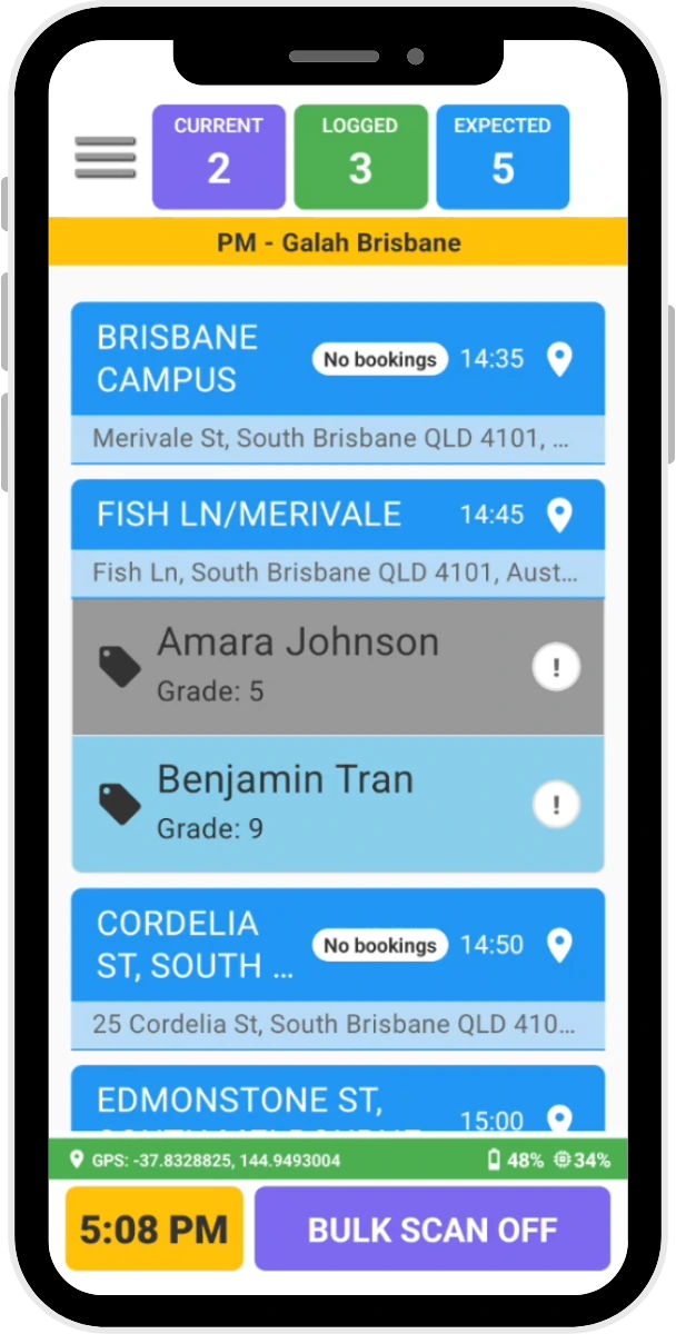 The RollCall driver app on a managed scanning device, showing a bus run with each stop and live student scan counts