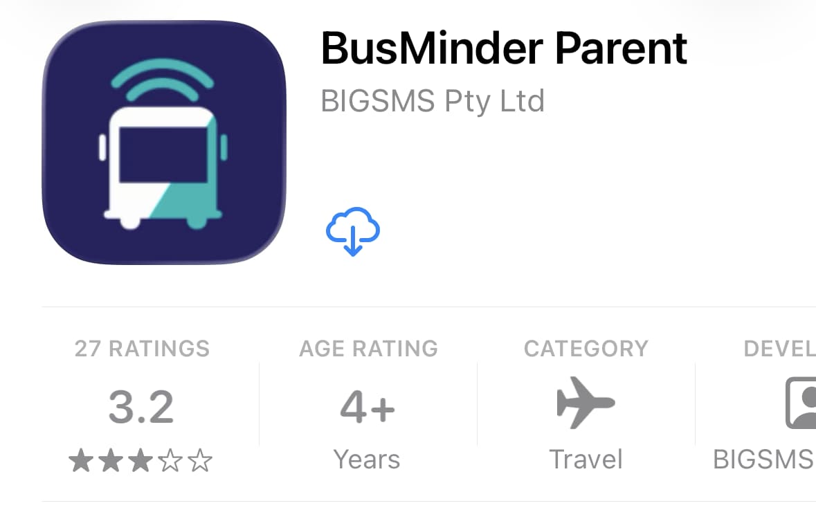 Rating panel of the BusMinder Parent listing on the Apple App Store (AU), captured on 17 July 2026