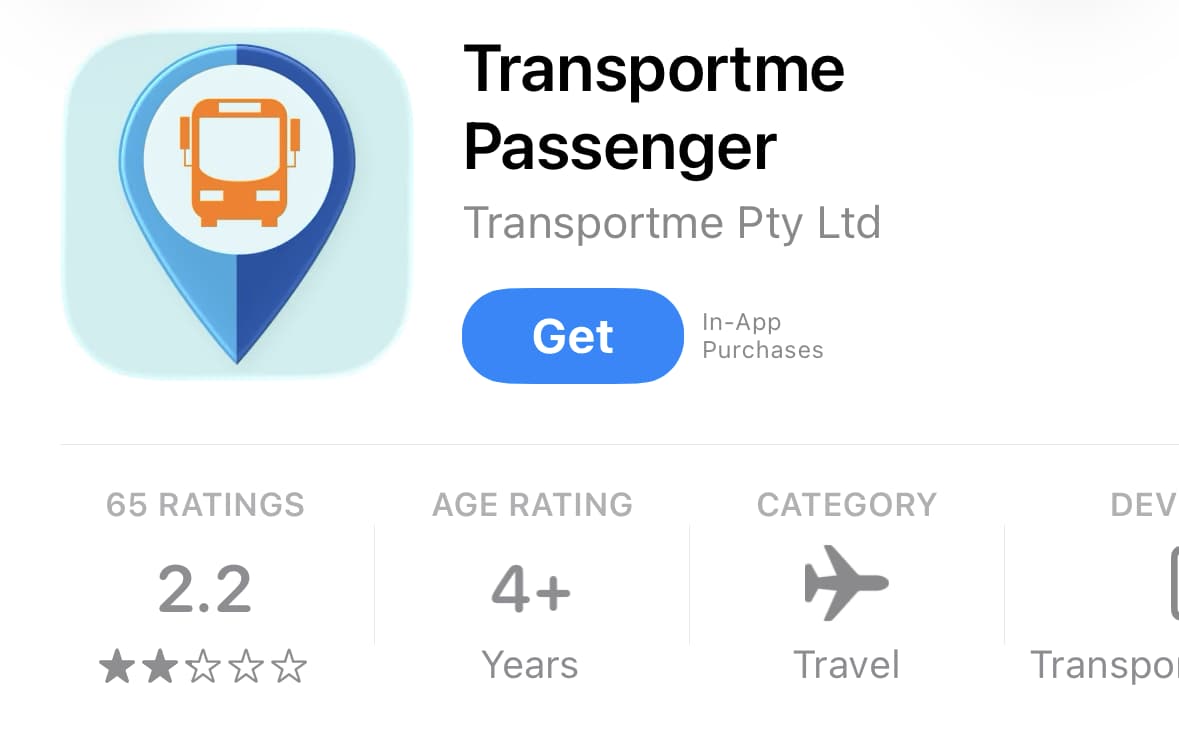 Rating panel of the Transportme Passenger listing on the Apple App Store (AU), captured on 17 July 2026