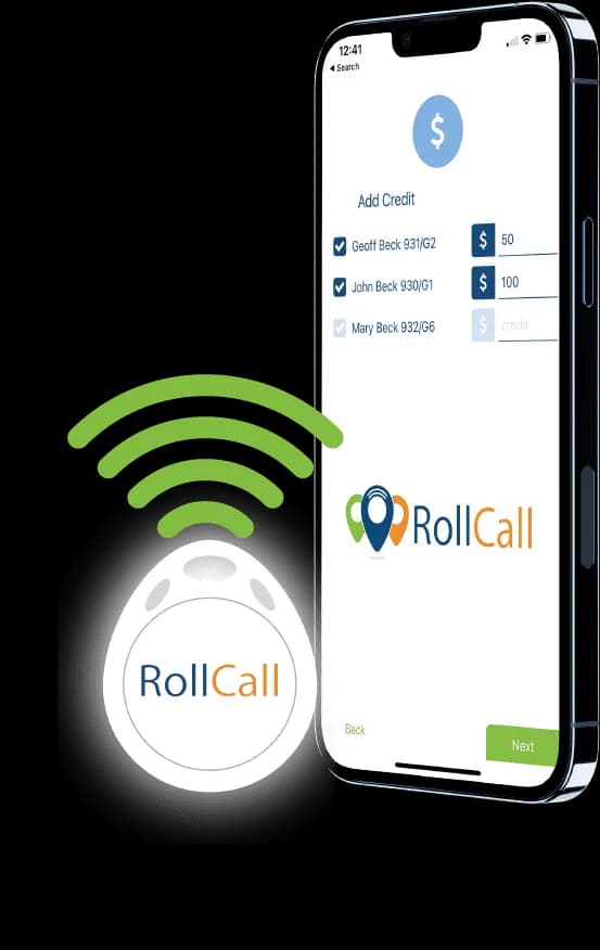 RollCall parent app: Add Credit screen showing balances for each child