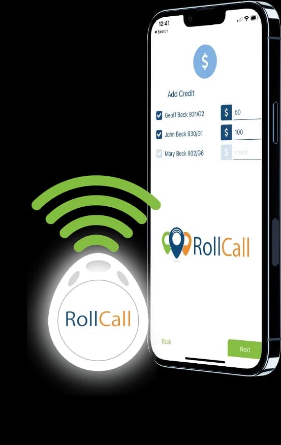 RollCall parent app: Add Credit screen showing balances for each child