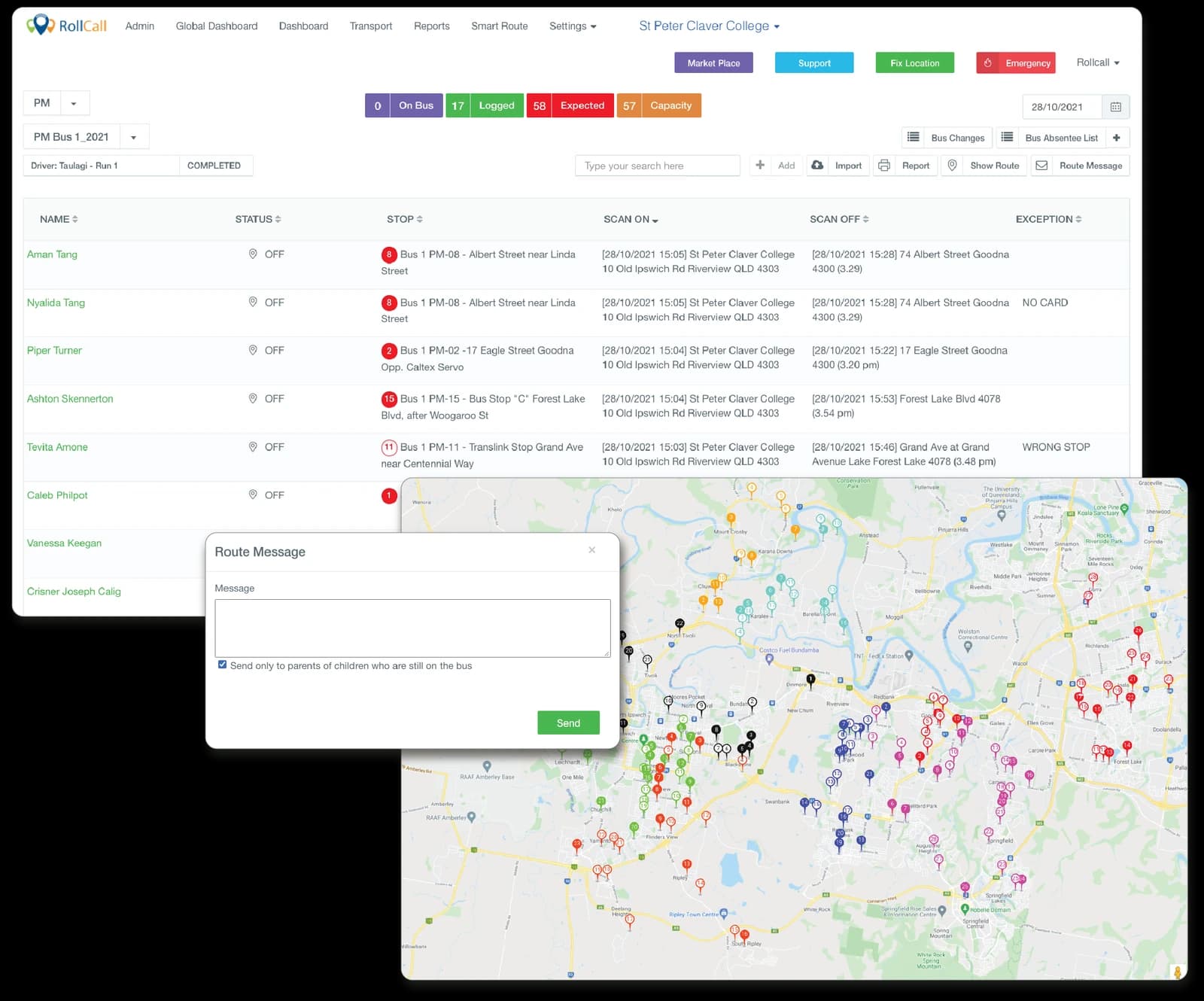 A school's RollCall Routes screen listing each bus route with its transport company, capacity and allocation status