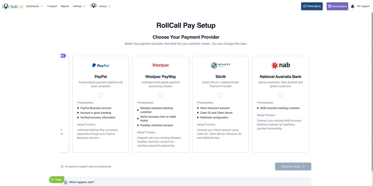 RollCall Pay Setup screen showing payment provider options including PayPal, Westpac PayWay, Sticitt and National Australia Bank