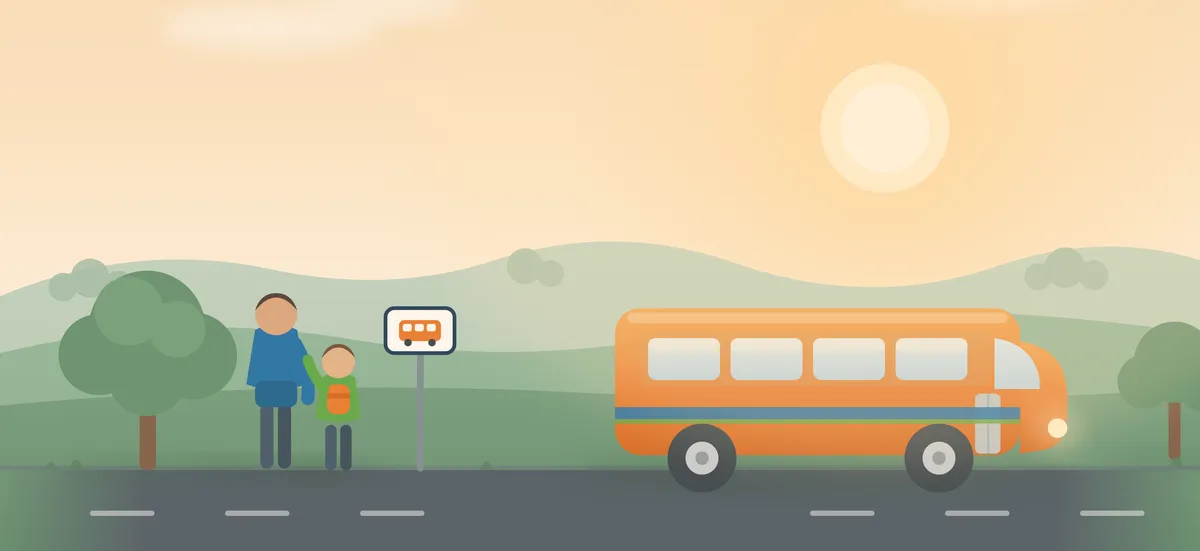 Illustration of a parent and child waiting at a bus stop as an orange school bus arrives at sunrise