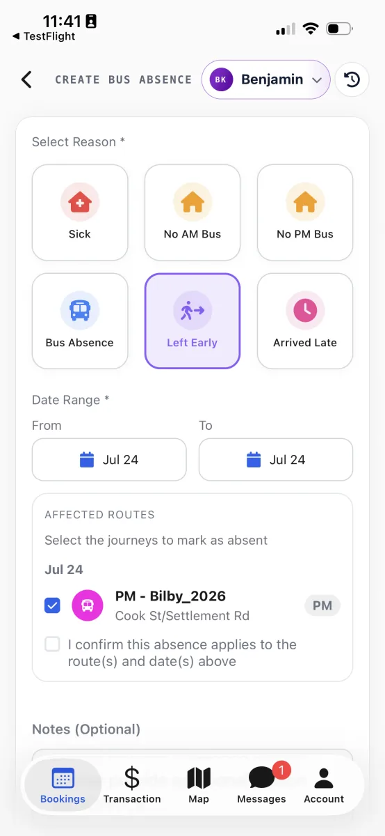 The Create Bus Absence form, with six reason tiles, a date range, and the affected routes list below.