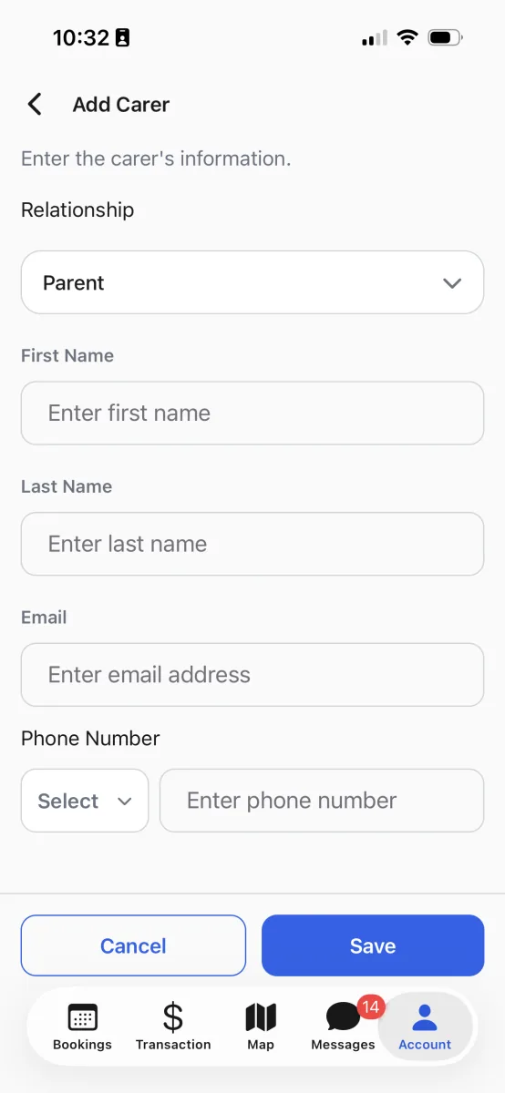 The Add Carer form, with fields for relationship, first name, last name, email, and an optional phone number.