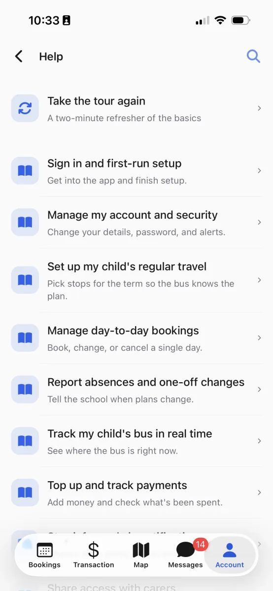 The in-app Help screen, listing short guides such as sign in and first-run setup, tracking the bus, and topping up payments.