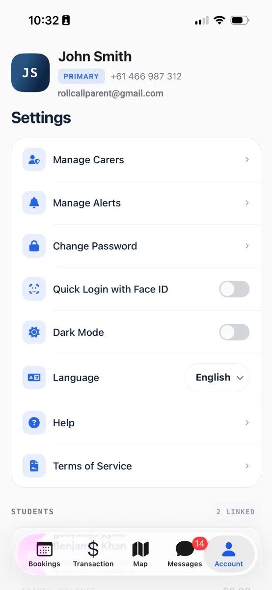 The Account tab, with the parent's profile at the top and a Settings card holding Manage Carers, Manage Alerts, and Change Password.