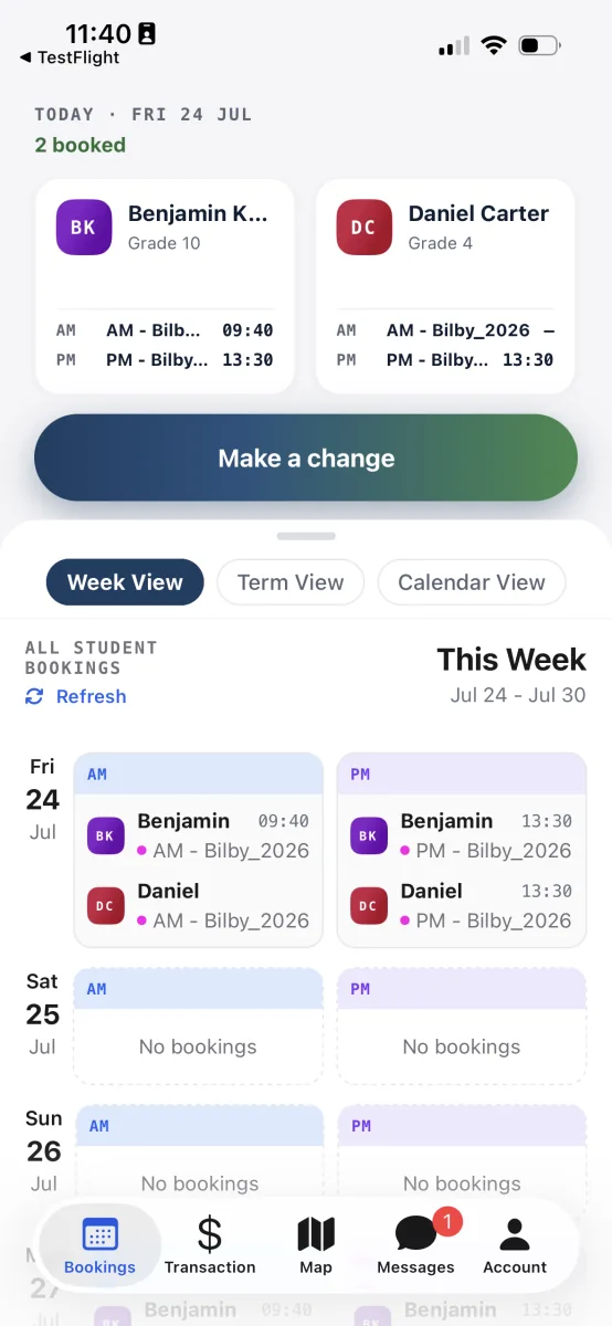 The RollCall Parent App bookings screen, showing the week ahead