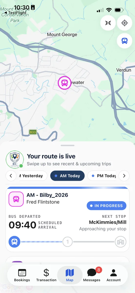 The RollCall Parent App live map, following a bus along its route
