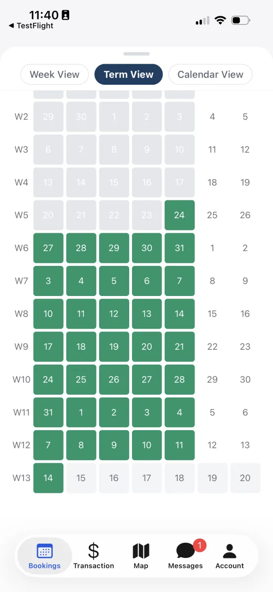 The Bookings tab in Term View, a week-by-week grid with booked school days filled in green.