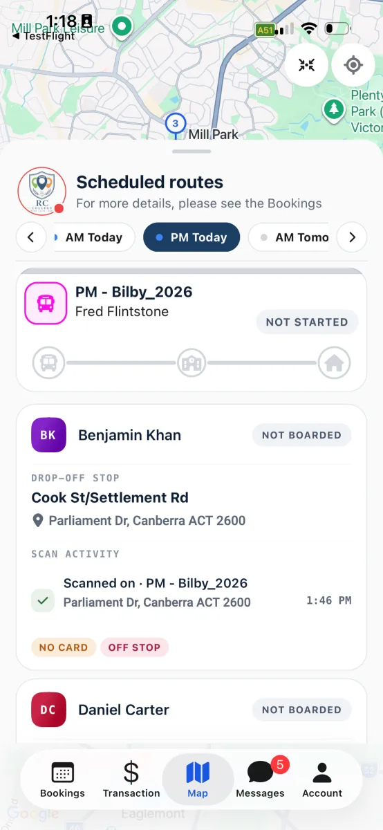 A child's row on the Map tab with No card and Off stop exception chips beneath the scan activity.