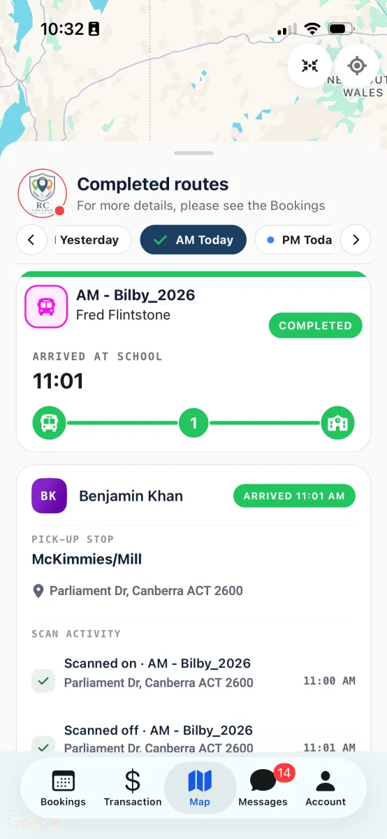 A completed run on the Map tab: the route card reads Completed and the child's row shows a green Arrived pill with the time.
