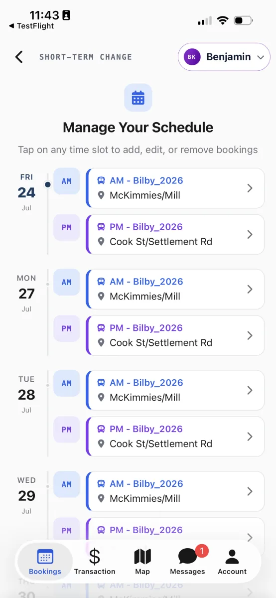 The Manage Your Schedule timeline, one row per day with a slot for the morning and afternoon bus and its stop.