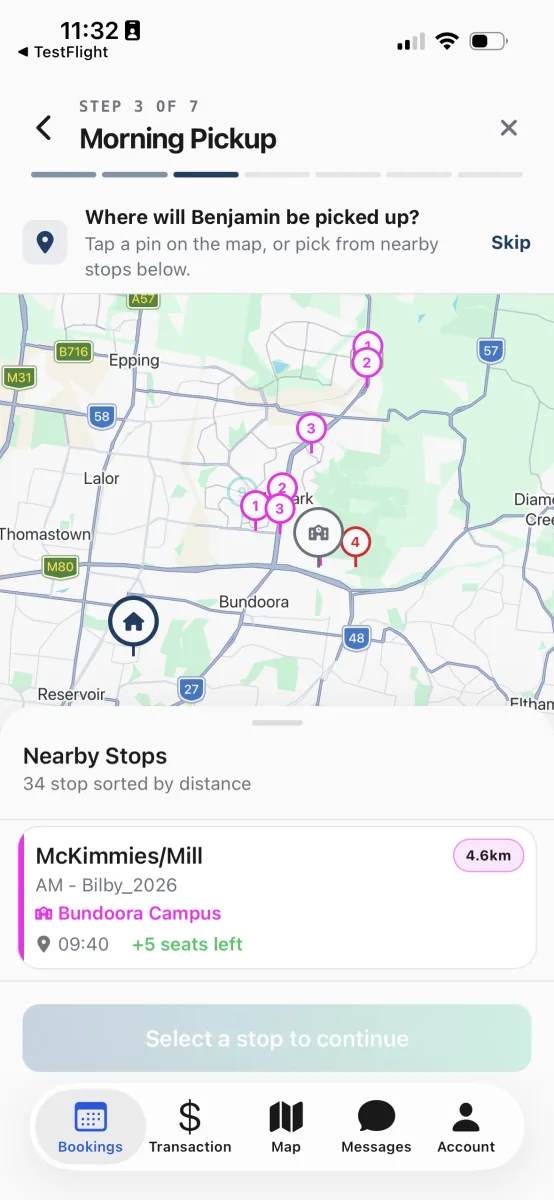 The Morning Pickup step, with numbered stop pins on a map around a home marker and a nearby stops list below.