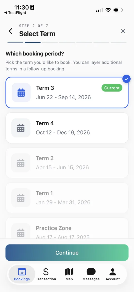 The Select Term step of the booking wizard, with the current term selected and a green Current badge.