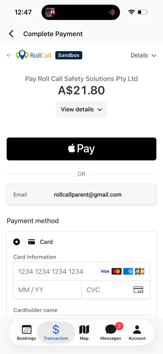 The Complete Payment sheet, with Apple Pay and a card form for finishing the top-up through the payment provider.