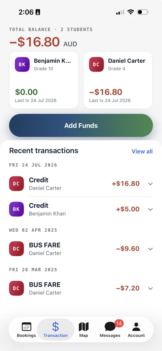 The Transactions tab, with the family's total balance at the top, a card for each child, an Add Funds button, and recent transactions below.