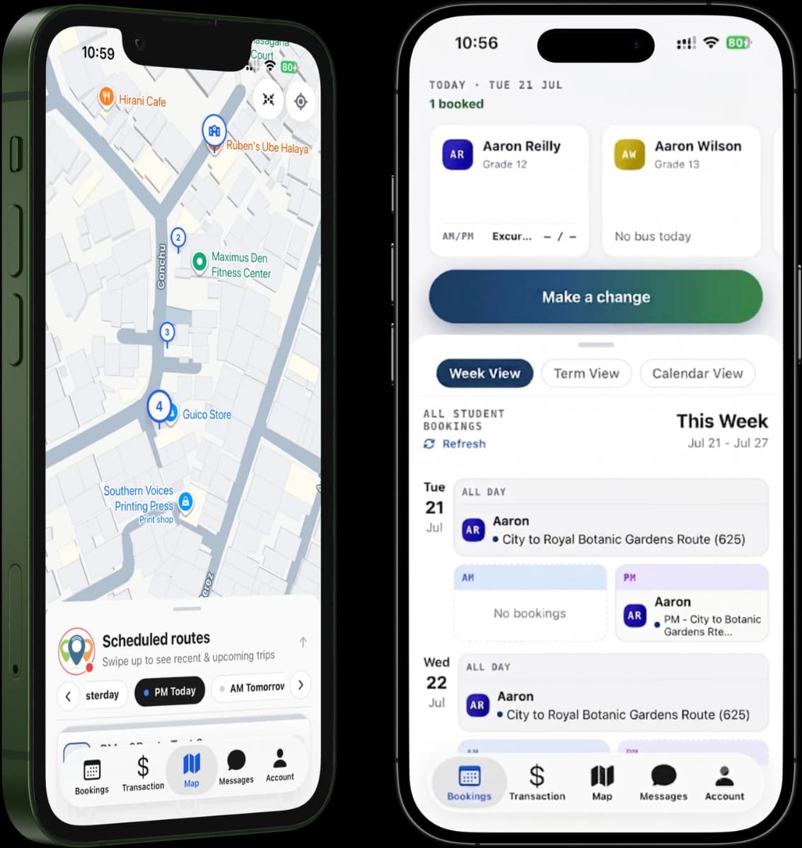 RollCall parent app: a live route map with upcoming trips, and the weekly bookings view listing each student's booked buses