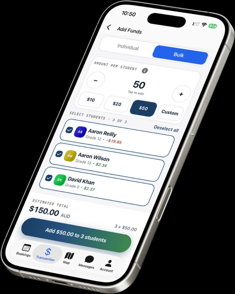 The Add Funds screen in the RollCall parent app, topping up $50 each for three students with an estimated total of $150 AUD