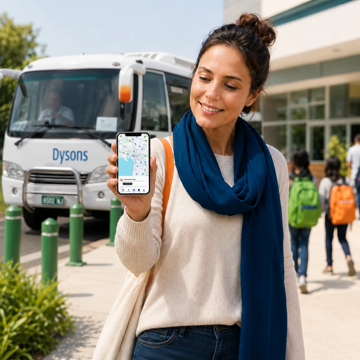 A parent checking her school's scheduled bus routes on a map in the RollCall app while students arrive at school