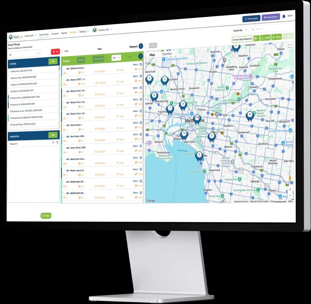 The RollCall Smart Route planner showing bus routes and stops mapped across a service area