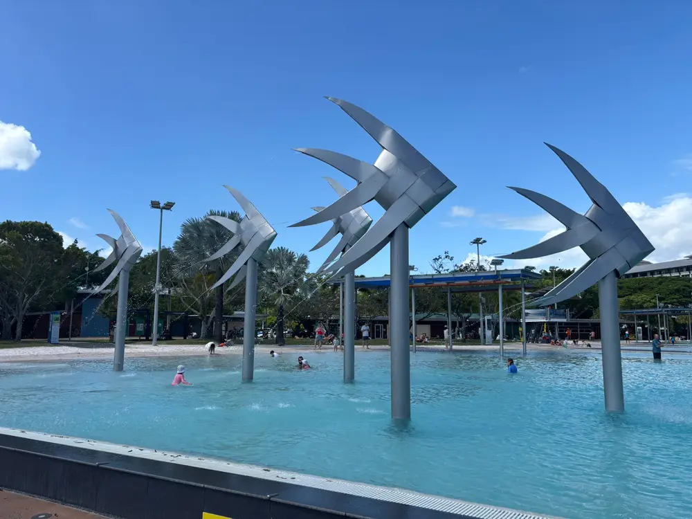 Woven Fish, the stainless steel fish sculptures by Torres Strait artist Brian Robinson, standing in the Esplanade Lagoon in Cairns.