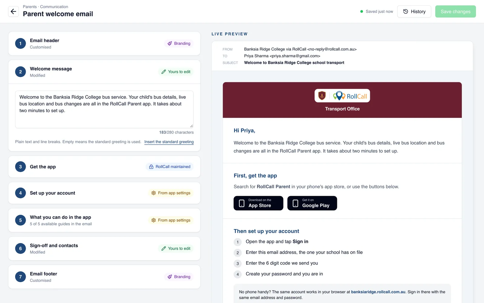 The parent welcome email builder. Seven numbered sections run down the left, from Email header to Email footer, each labelled Branding, Yours to edit, RollCall maintained or From app settings. The Welcome message section is open for editing. On the right, a live preview shows the email with a maroon header carrying the school crest and the RollCall logo.