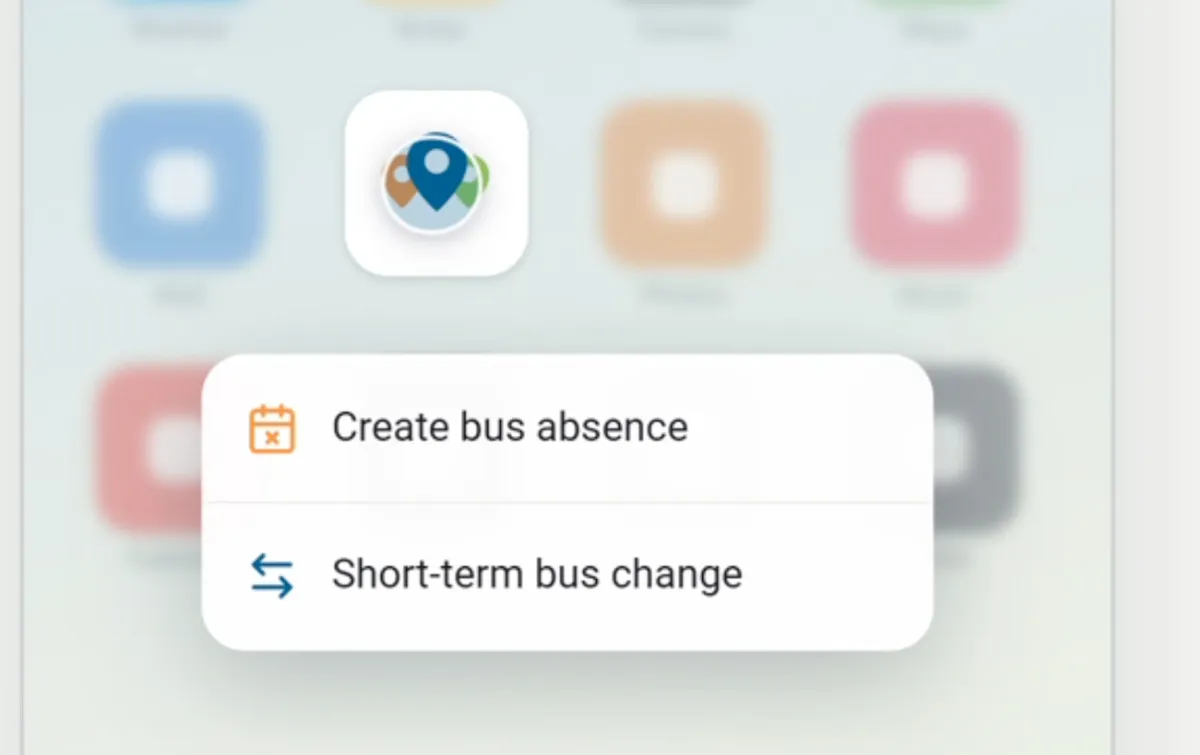 Pressing and holding the RollCall app icon opens a menu with Create bus absence and Short-term bus change