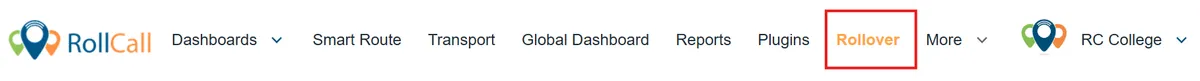 The RollCall admin portal menu with Rollover highlighted