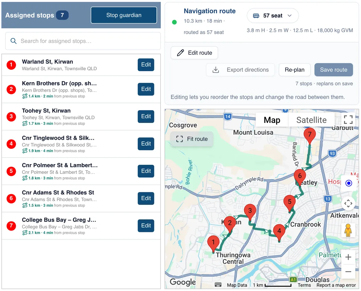 Route Builder showing a route's assigned stops beside a map of the planned navigation route, with a 57-seat bus profile selected