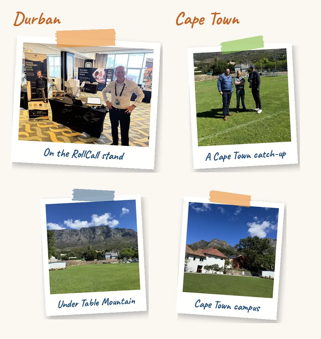 Photos from South Africa: Dean on the RollCall stand in Durban, a Cape Town catch-up, Table Mountain and a Cape Town campus