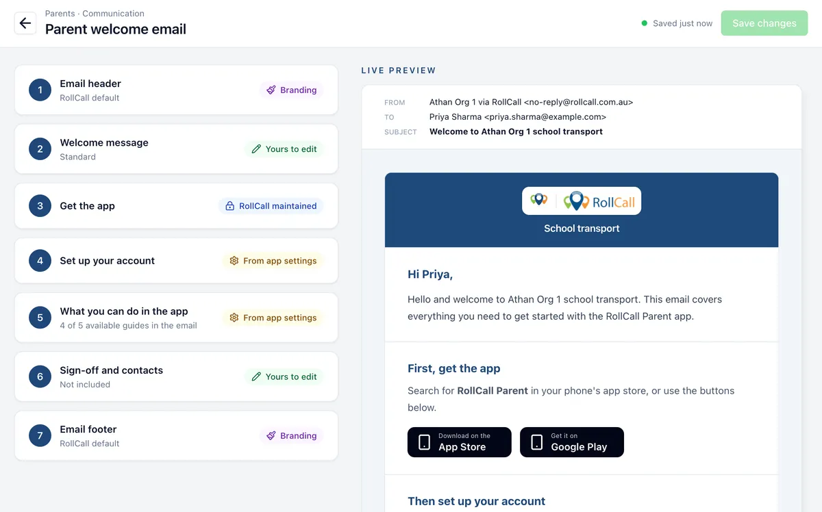 Parent welcome email builder in the Admin Console, listing the email's sections with who maintains each, beside a live preview of the welcome email
