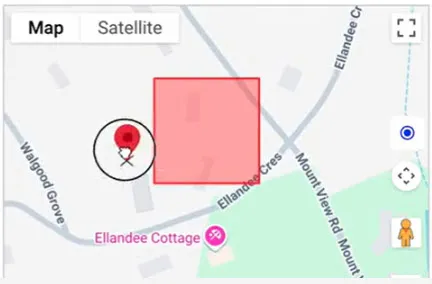 A stop being dragged on the map, with its geofence shown at its existing size