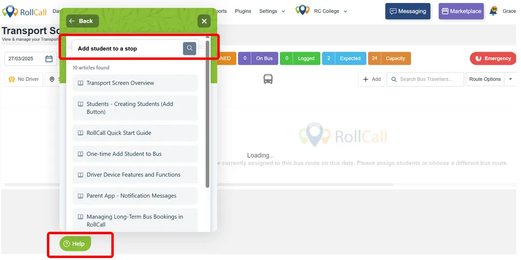The Help panel open over the Transport screen, searching for 'Add student to a stop' with matching help articles listed