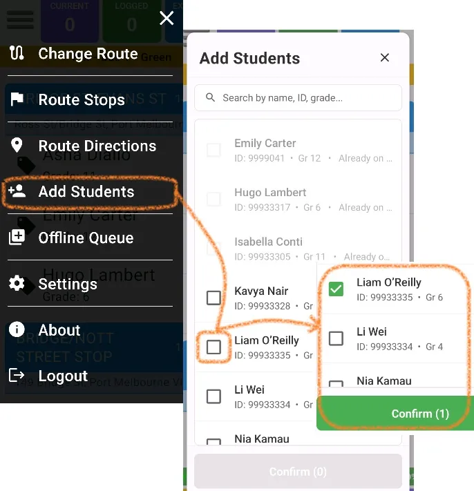 Driver App menu with Add Students selected, the student search list and a Confirm button