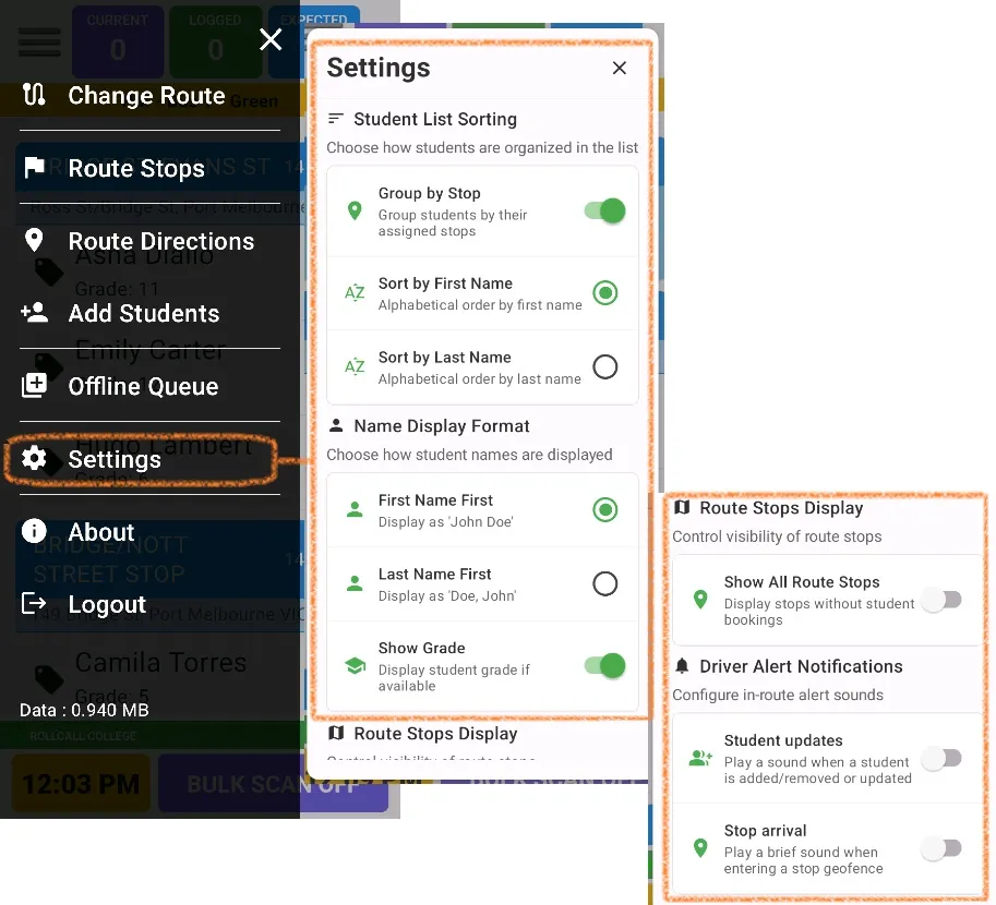 Driver App Settings: student list sorting, name display format, show grade, route stops display and driver alert sounds