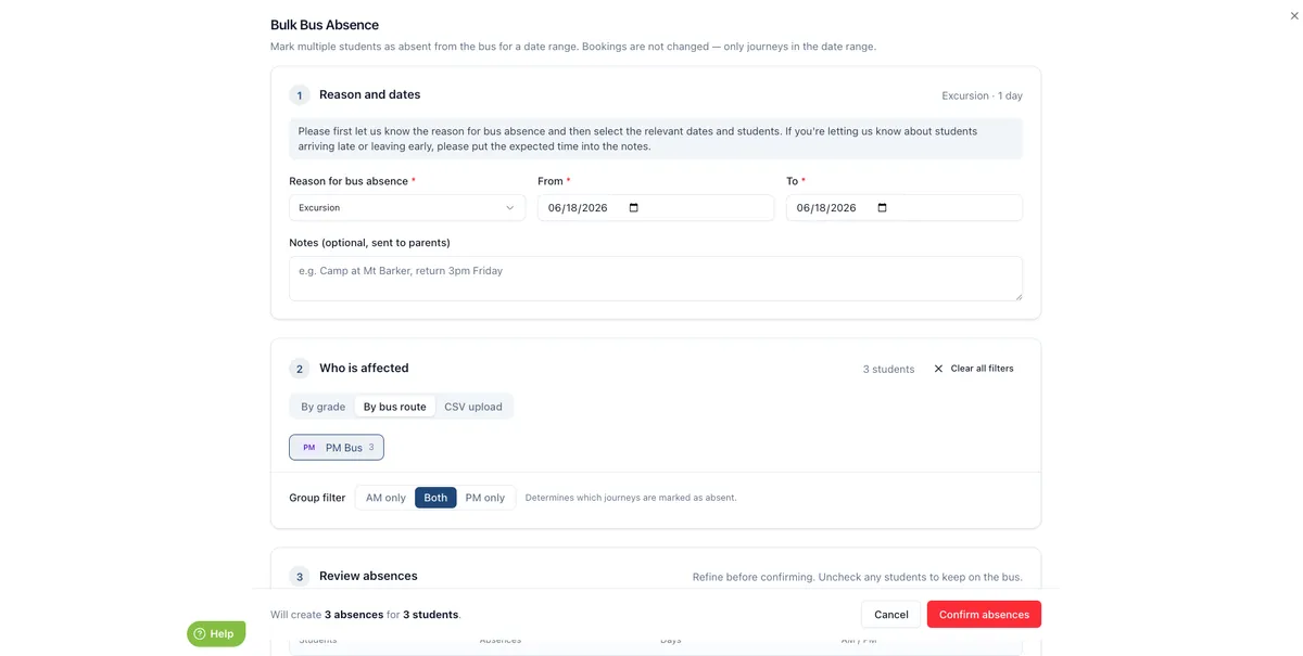 The Bulk Bus Absence form with a reason and date range, a choice of students by grade, bus route or CSV upload, and an AM, PM or both filter