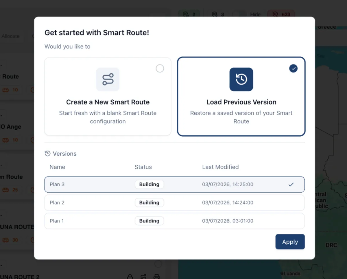 Get started with Smart Route dialog offering Create a New Smart Route or Load Previous Version, with a list of saved plan versions and their last modified times