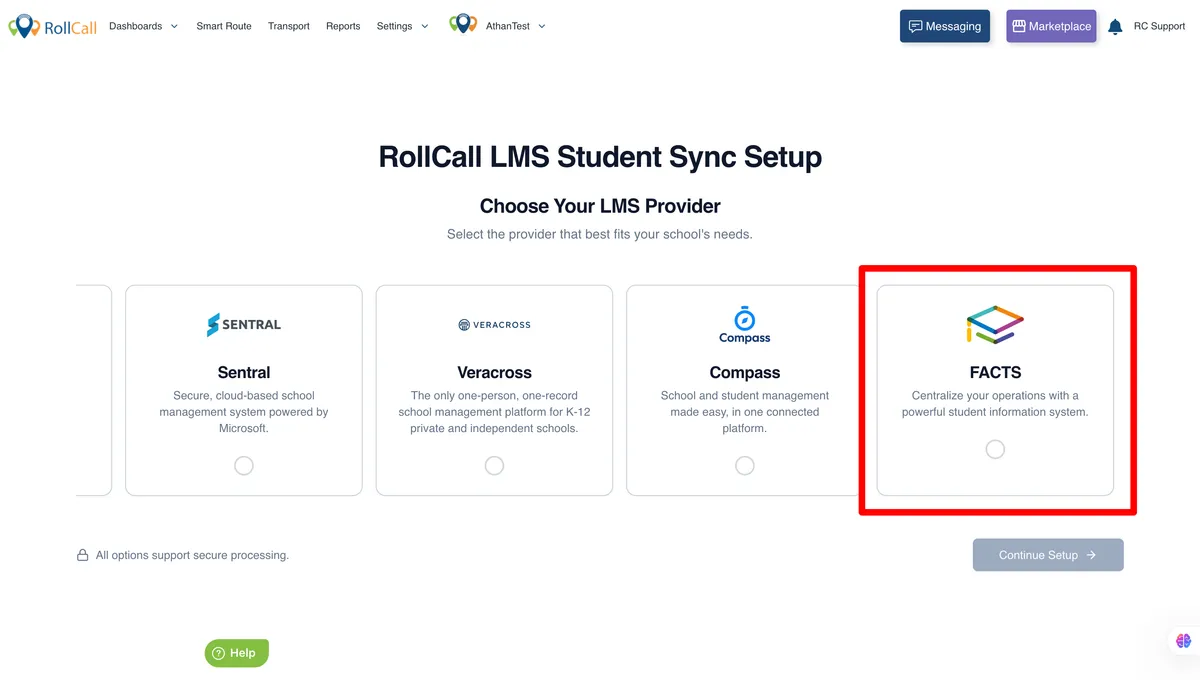 The RollCall LMS Student Sync Setup screen with FACTS highlighted as a provider alongside Sentral, Veracross and Compass