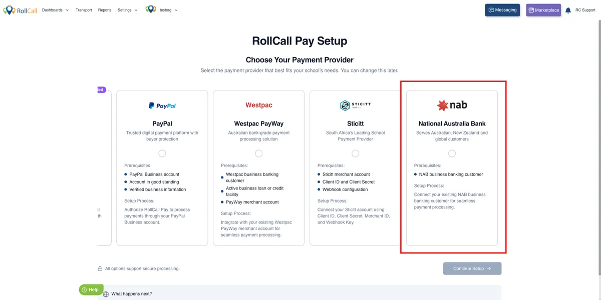 The RollCall Pay Setup screen with National Australia Bank highlighted as a payment provider alongside PayPal, Westpac PayWay and Sticitt