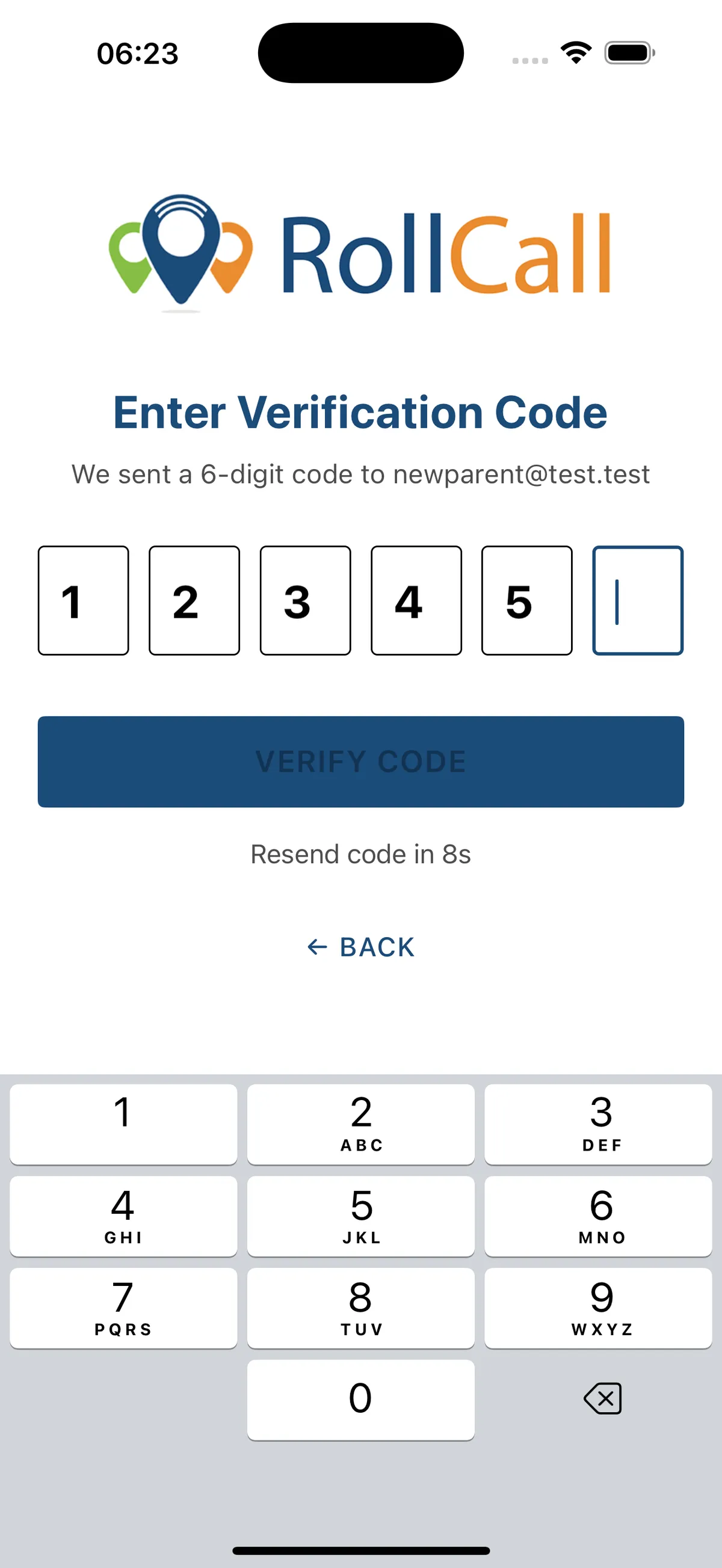 Parent App 'Enter Verification Code' screen with a six-digit code being entered