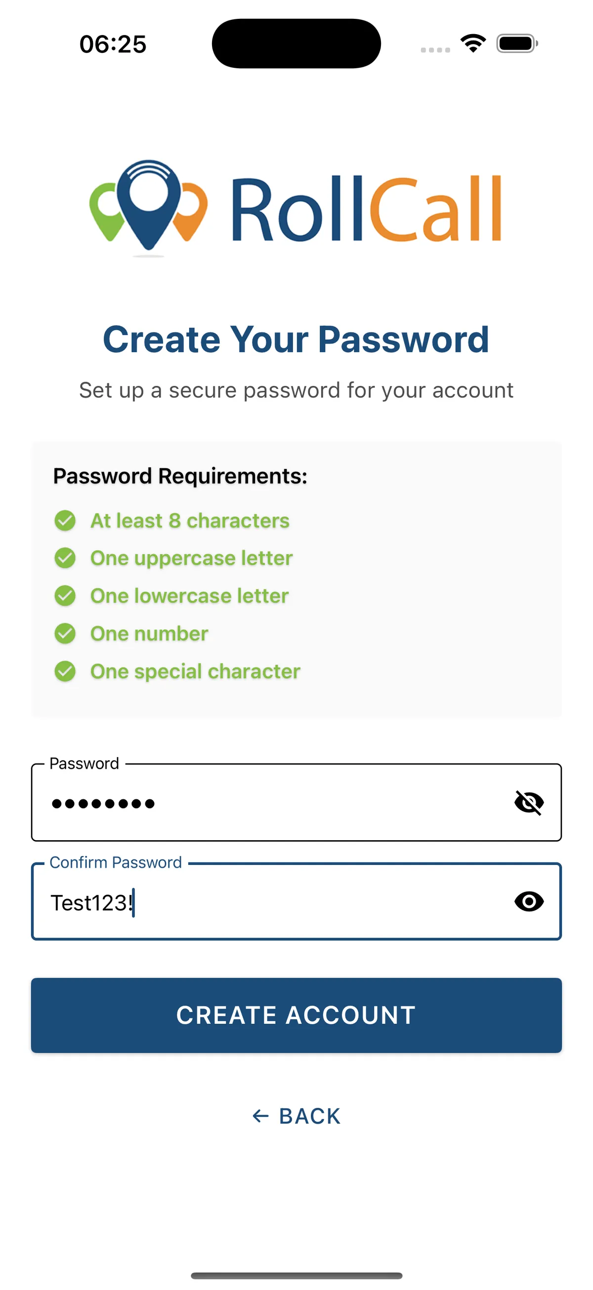 Parent App 'Create Your Password' screen listing the password requirements