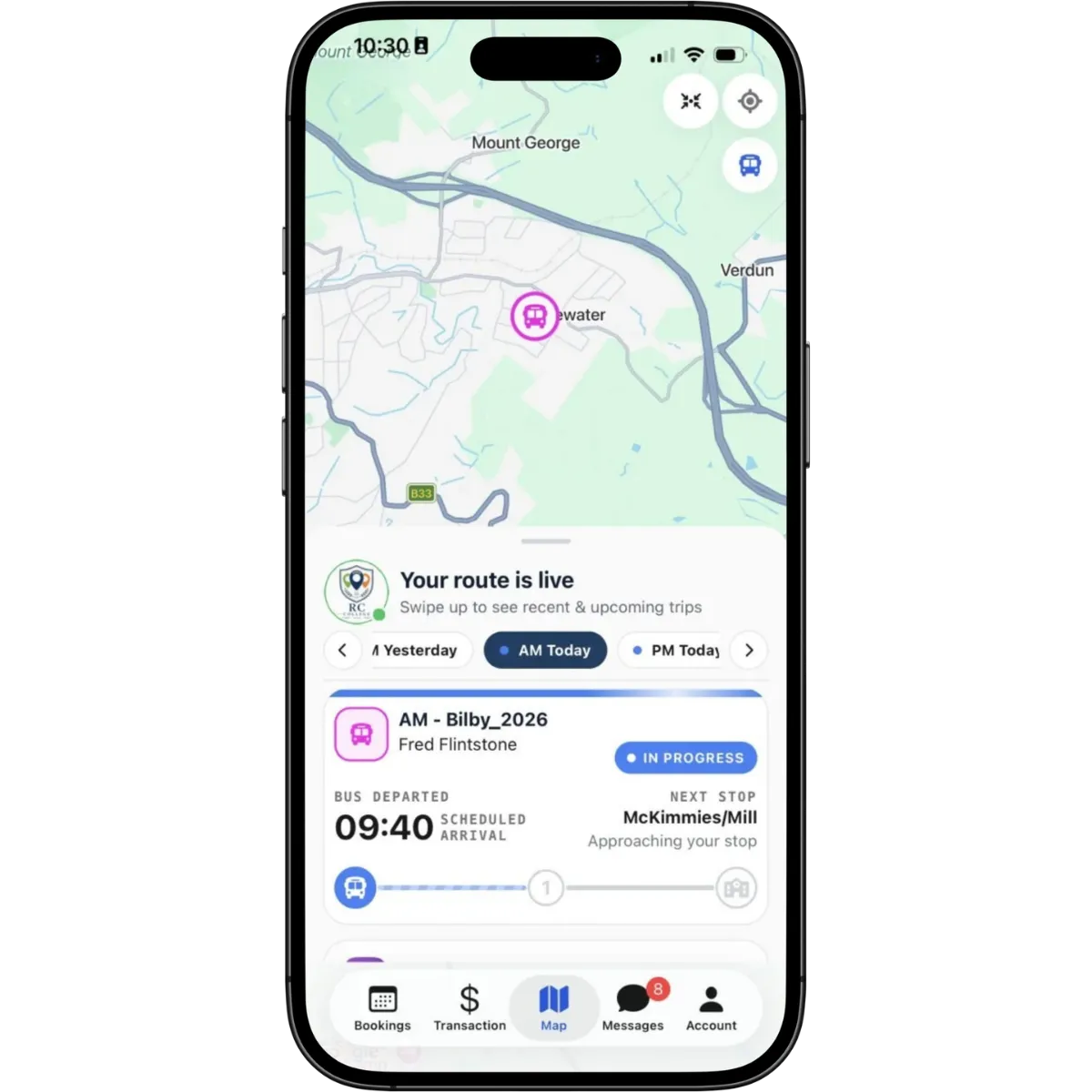 Parent App 4.0 live map showing the bus position and a trip card with route progress, next stop and the Bookings, Transaction, Map, Messages and Account tabs